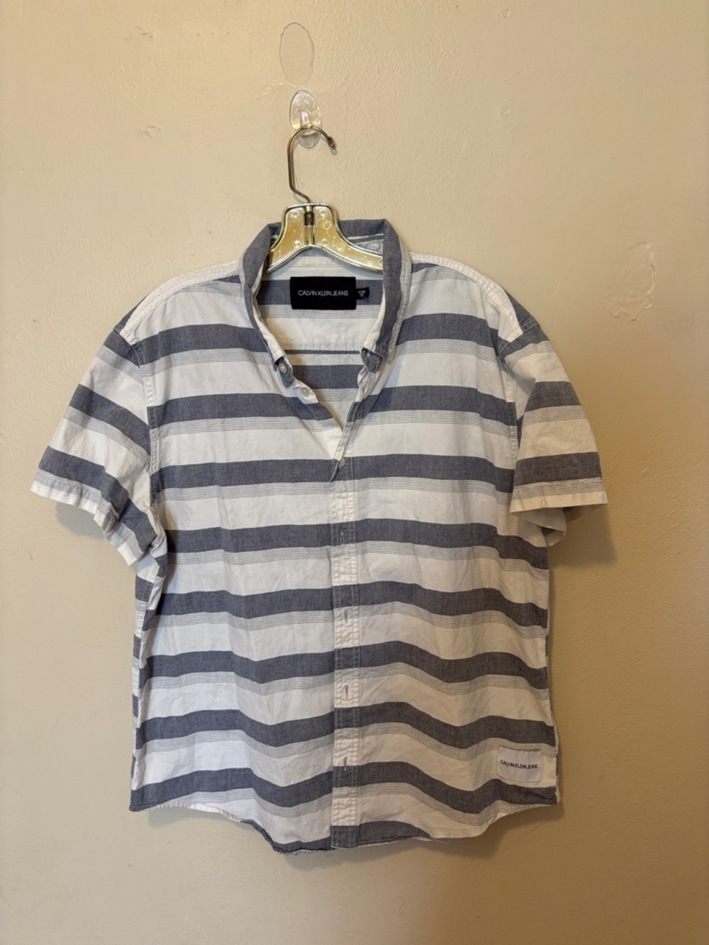 Calvin Klein Jeans Short-Sleeve Button-Down Stripe Shirt - White & Blue